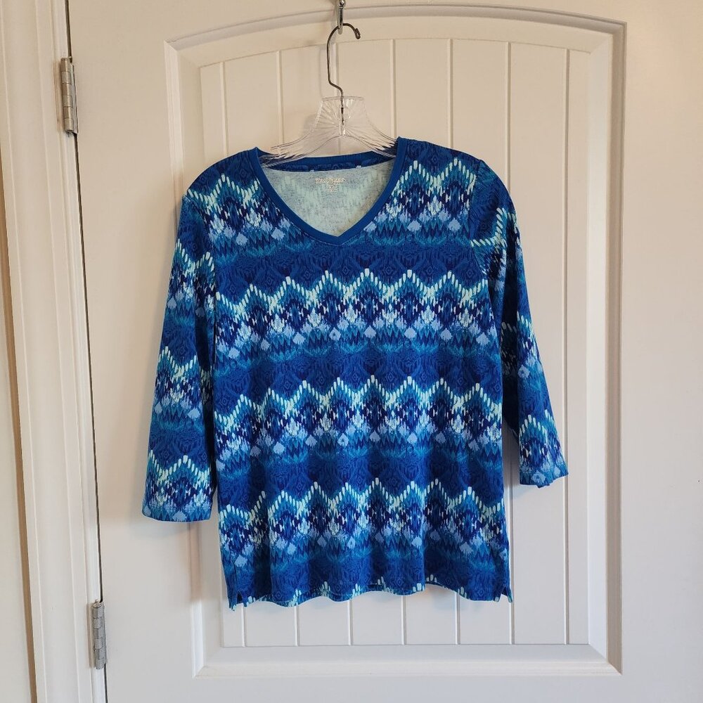 Kim Rogers Petite Blue Patterned 3/4 Sleeve V-Neck Cotton Top PM